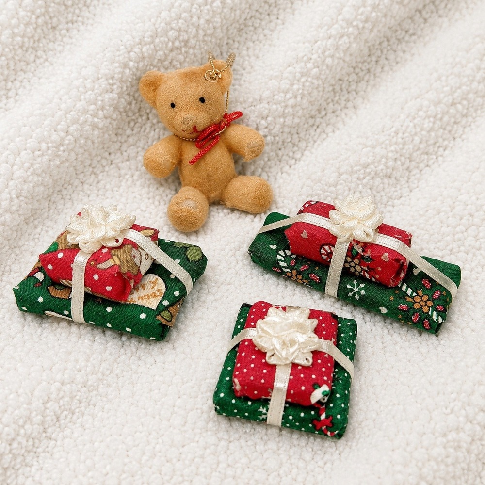 VTG 80s 90s Christmas Ornaments Flocked Teddy Bear Mini Gift Presents Retro